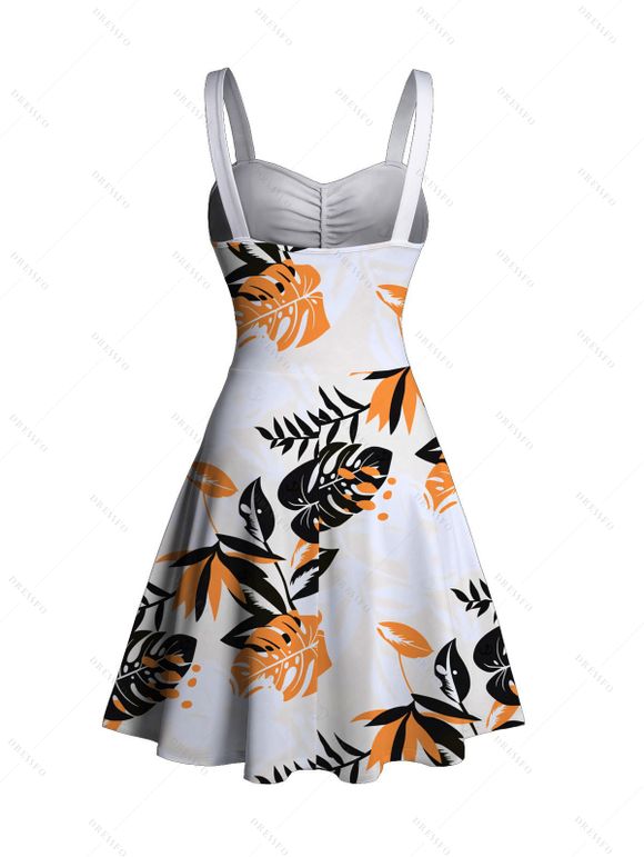 Hawaiian Vacation Couple Outfit Tropical Monstera Palm Leaf Print Ruched Bust Dress and Shirt Set - Orange S | US 4