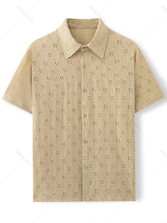 Men's Casual Shirt Solid Color Floral Hollow Out Button Up Shirt - café lumière L