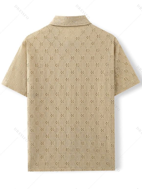 Men's Casual Shirt Solid Color Floral Hollow Out Button Up Shirt - café lumière L