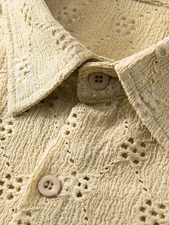 Men's Casual Shirt Solid Color Floral Hollow Out Button Up Shirt - café lumière L