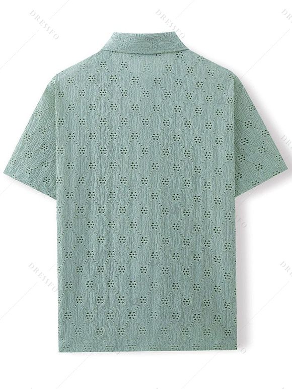 Men's Casual Shirt Solid Color Floral Hollow Out Button Up Shirt - Vert clair 3XL