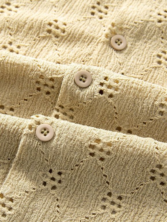 Men's Casual Shirt Solid Color Floral Hollow Out Button Up Shirt - café lumière L