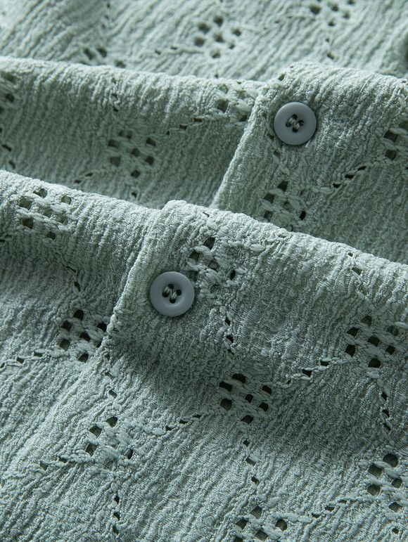 Men's Casual Shirt Solid Color Floral Hollow Out Button Up Shirt - Vert clair 3XL