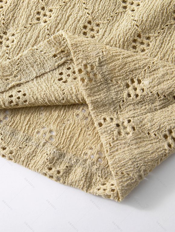 Men's Casual Shirt Solid Color Floral Hollow Out Button Up Shirt - café lumière L