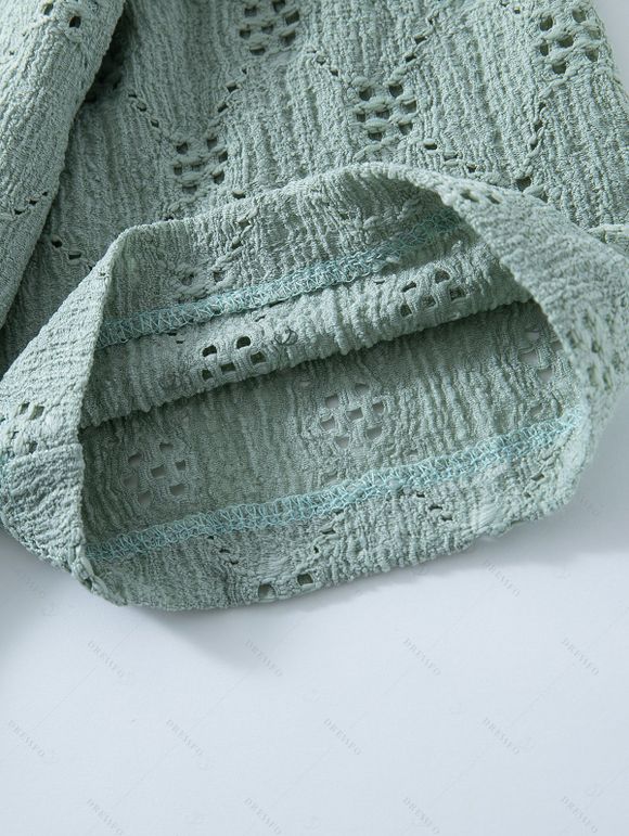 Men's Casual Shirt Solid Color Floral Hollow Out Button Up Shirt - Vert clair 3XL