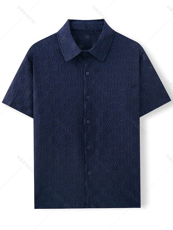 Men's Casual Shirt Solid Color Floral Hollow Out Button Up Shirt - Bleu de Minuit 3XL