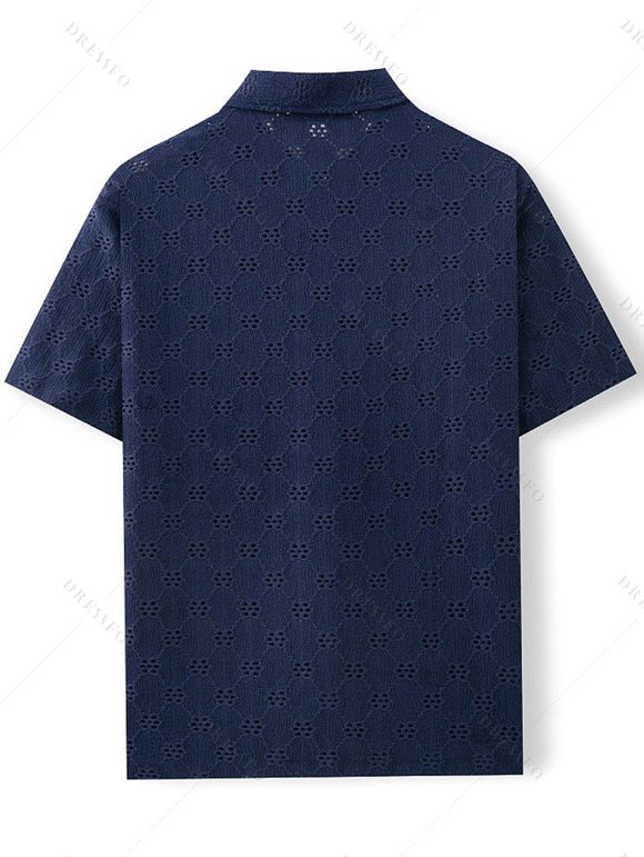 Men's Casual Shirt Solid Color Floral Hollow Out Button Up Shirt - Bleu de Minuit 3XL