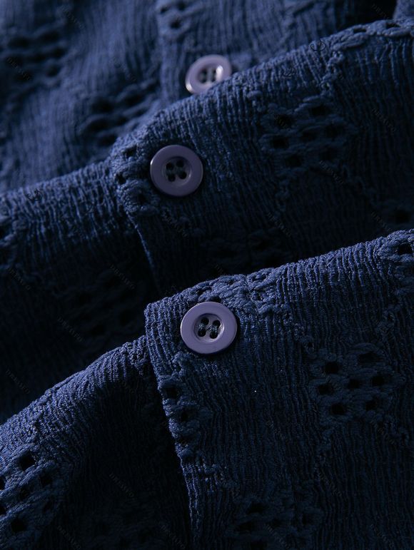 Men's Casual Shirt Solid Color Floral Hollow Out Button Up Shirt - Bleu de Minuit 3XL