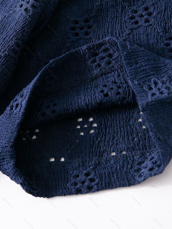 Men's Casual Shirt Solid Color Floral Hollow Out Button Up Shirt - Bleu de Minuit 3XL