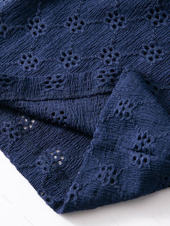 Men's Casual Shirt Solid Color Floral Hollow Out Button Up Shirt - Bleu de Minuit 3XL