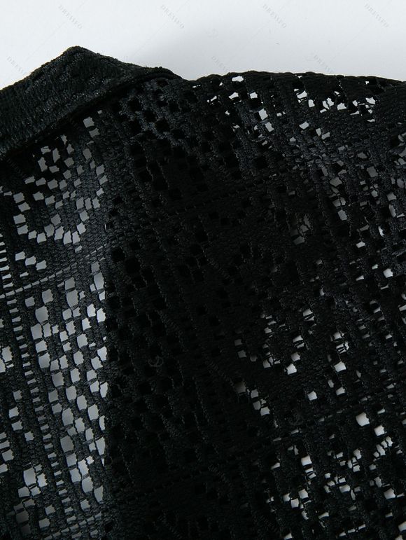 Men's Casual Shirt Solid Color Floral Lace Hollow Out Button Up Shirt - Noir 3XL