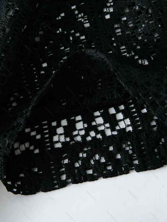 Men's Casual Shirt Solid Color Floral Lace Hollow Out Button Up Shirt - Noir 3XL