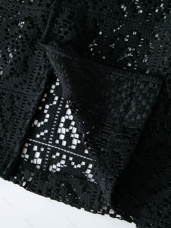 Men's Casual Shirt Solid Color Floral Lace Hollow Out Button Up Shirt - Noir 3XL