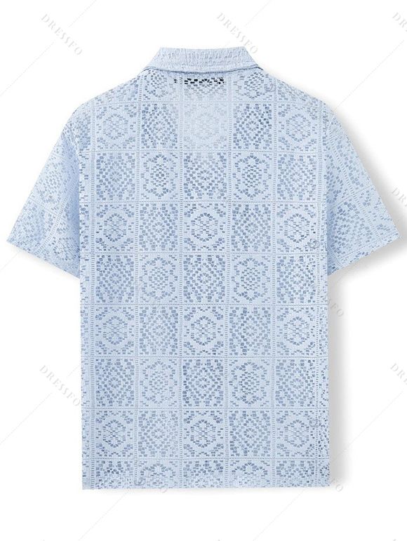 Men's Casual Shirt Solid Color Floral Lace Hollow Out Button Up Shirt - Bleu Poudre 3XL