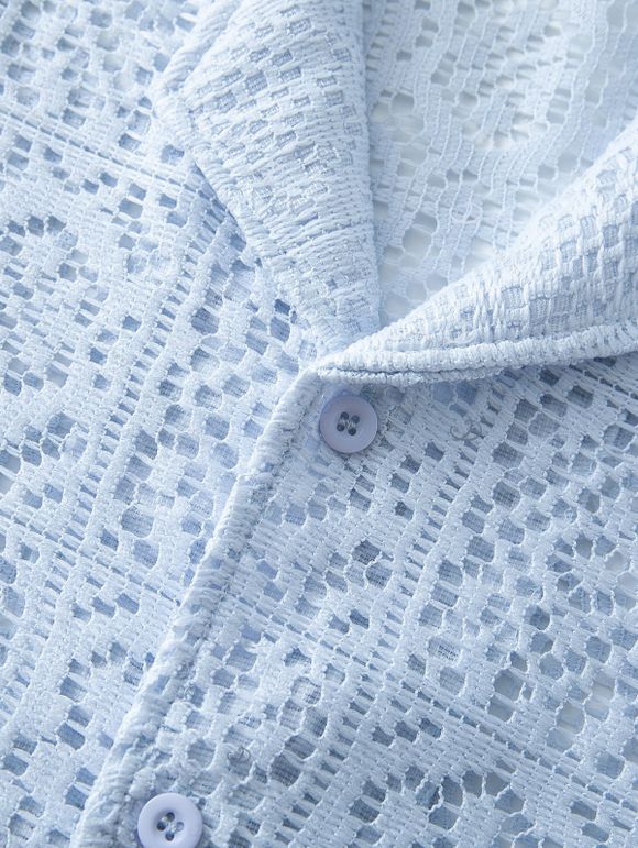 Men's Casual Shirt Solid Color Floral Lace Hollow Out Button Up Shirt - Bleu Poudre 3XL