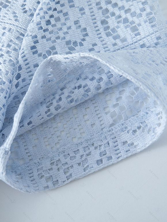 Men's Casual Shirt Solid Color Floral Lace Hollow Out Button Up Shirt - Bleu Poudre 3XL