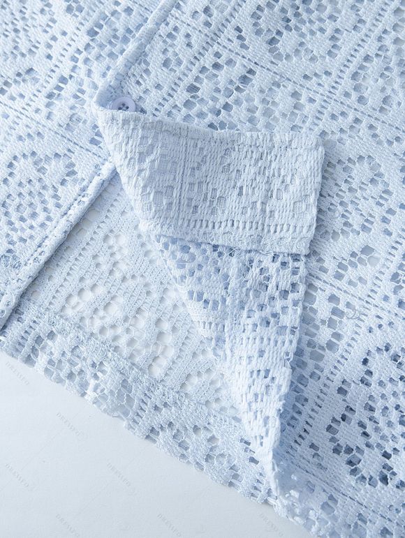 Men's Casual Shirt Solid Color Floral Lace Hollow Out Button Up Shirt - Bleu Poudre 3XL