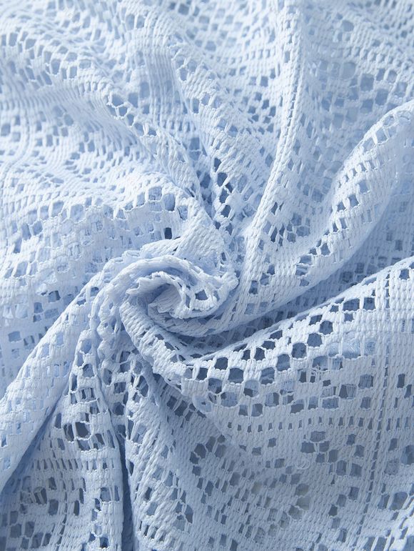 Men's Casual Shirt Solid Color Floral Lace Hollow Out Button Up Shirt - Bleu Poudre 3XL