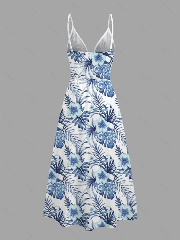 Vacation Skort Romper Hibiscus Floral Tropical Palm Leaf Print Surplice Lace Hollow Out Skort Romper - Bleu XXL | US 14