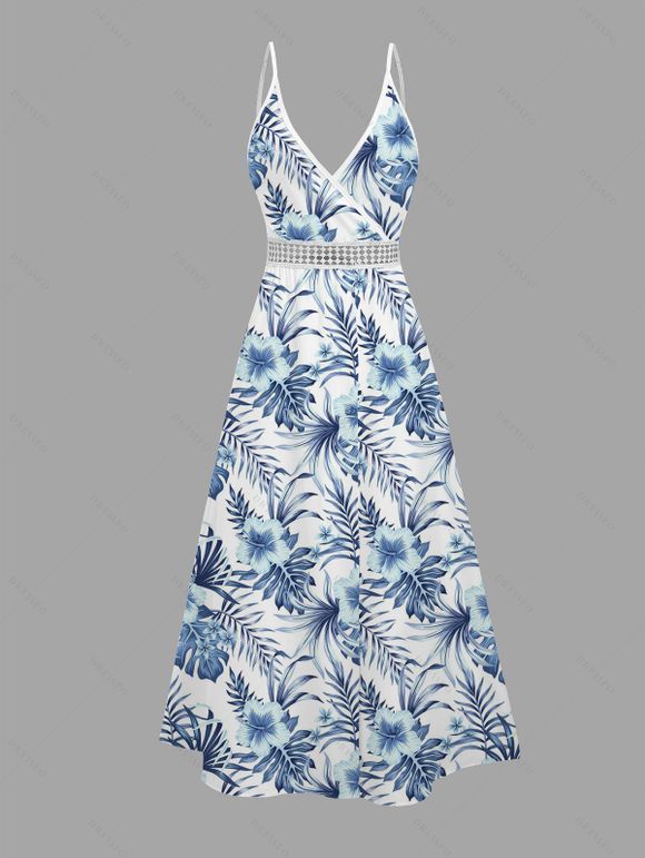 Vacation Skort Romper Hibiscus Floral Tropical Palm Leaf Print Surplice Lace Hollow Out Skort Romper - Bleu XXL | US 14
