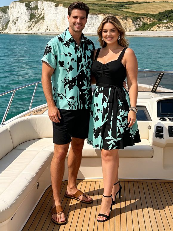 Vacation Couple Outfit Colorblock Leaf Pattern Ruched Bust Belt Dress and Roll Up Sleeve Shirt Casual Matching Outfit - Noir S | US 4