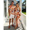 Hawaiian Vacation Couple Outfit Vintage Colorblock Floral Print Surplice Hollow Out Skort Romper and Shirt Set - orange clair S | US 4