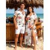 Vacation Couple Outfit Watercolor Flower Leaf Print Slit Dress and Shirt Set - Rose clair S | US 4