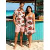 Hawaiian Vacation Couple Outfit Vintage Tropical Palm Tree Hibiscus Floral Print Spaghetti Strap Mini Dress and Shirt Set - Rose S | US 4