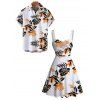 Hawaiian Vacation Couple Outfit Tropical Monstera Palm Leaf Print Ruched Bust Dress and Shirt Set - Orange S | US 4