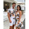 Hawaiian Vacation Couple Outfit Tropical Monstera Palm Leaf Print Ruched Bust Dress and Shirt Set - Orange S | US 4