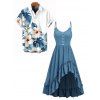 Vacation Couple Outfit Solid Color Textured High Low Asymmetrical Ruffle Hem Dress and Hibiscus Floral Print Shirt Set - Bleu Ciel S | US 4