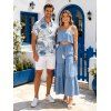 Hawaii Vacation Couple Outfit Tassel Tied Shoulder Cropped Top Tired Pants and Tropical Botanical Leaf Print Shirt Set - Bleu clair S | US 4