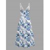 Vacation Skort Romper Hibiscus Floral Tropical Palm Leaf Print Surplice Lace Hollow Out Skort Romper - Bleu XXL | US 14