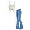 Bohemian Outfit Floral Lace Hollow Out Ruffle Scalloped Tied Cropped Tank Top and Lace Up Flare Jeans Set - multicolor S | US 4
