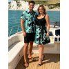 Vacation Couple Outfit Colorblock Leaf Pattern Ruched Bust Belt Dress and Roll Up Sleeve Shirt Casual Matching Outfit - Noir S | US 4