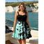 Robe de vacances à motif de feuilles colorblock, buste froncé, col en cœur, ceinture, robe trapèze mini décontractée - Vert XL | US 12