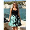 Robe de vacances à motif de feuilles colorblock, buste froncé, col en cœur, ceinture, robe trapèze mini décontractée - Vert XXXL | US 16