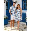 Vacation Couple Outfit Leaf Pattern Ruched Bust Sweetheart Neck A Line Mini Dress and Roll Up Sleeve Shirt Matching Outfit - Blanc S | US 4