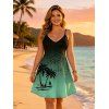 Robe de vacances ombrée à motif palmier, bretelles spaghetti, col en V, coupe trapèze, mini-robe débardeur décontractée - Vert profond XL | US 12