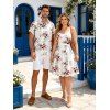 Vacation Couple Outfit Allover Floral Leaf Pattern Ruched Bust Belt Sweetheart Neck A Line Mini Dress and Roll Up Sleeve Shirt Matching Outfit - Blanc S | US 4