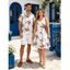 Vacation Couple Outfit Allover Floral Leaf Pattern Ruched Bust Belt Sweetheart Neck A Line Mini Dress and Roll Up Sleeve Shirt Matching Outfit - Blanc S | US 4
