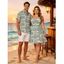 Hawaii Couple Outfit Allover Tropical Leaf Pattern Ruched Bust Belt Sweetheart Neck A Line Mini Dress and Roll Up Sleeve Shirt Vacation Matching Outfit - Vert clair S | US 4