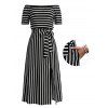Vacation T-shirt Dress Striped Print Off the Shoulder Pocket Slit Belt Casual Dress - Noir XL | US 10
