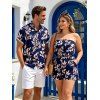 Vacation Couple Outfit Vintage Watercolor Botanical Floral Print Pocket Off the Shoulder Romper and Shirt Set - Bleu de Minuit S | US 4