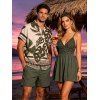 Vacation Couple Outfit Lace Panel Solid Color Romper and Monstera Leaf Geometric Print Shirt Set - Vert Armée S | US 4