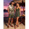 Vacation Couple Outfit Lace Panel Solid Color Romper and Monstera Leaf Geometric Print Shirt Set - Vert Armée S | US 4
