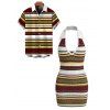 Hawaiian Couple Outfit Vintage Colorblock Striped Print Halter Mini Bodycon Knitted Dress and Shirt Set - multicolor A S | US 4