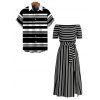 Vacation Couple Outfit Striped Print Off the Shoulder Pocket Slit Belt T-shirt Dress and Shirt Set - Noir S | US 4