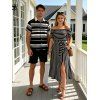 Vacation Couple Outfit Striped Print Off the Shoulder Pocket Slit Belt T-shirt Dress and Shirt Set - Noir S | US 4
