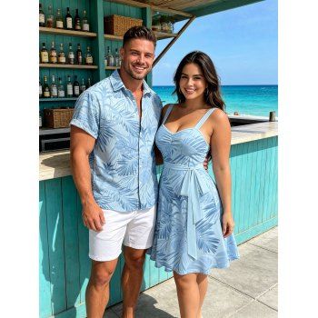 Vacation Couple Outfit Allover Tropical Plant Leaf Pattern Ruched Bust Belt Sweetheart Neck A Line Mini Dress and Roll Up Sleeve Shirt Casual Matching Outfit